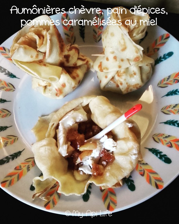 aumônières chèvre, pommes caramélisées au miel et pain d'épices