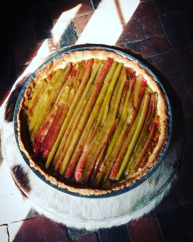 Tarte à la rhubarbe, rose et pistache