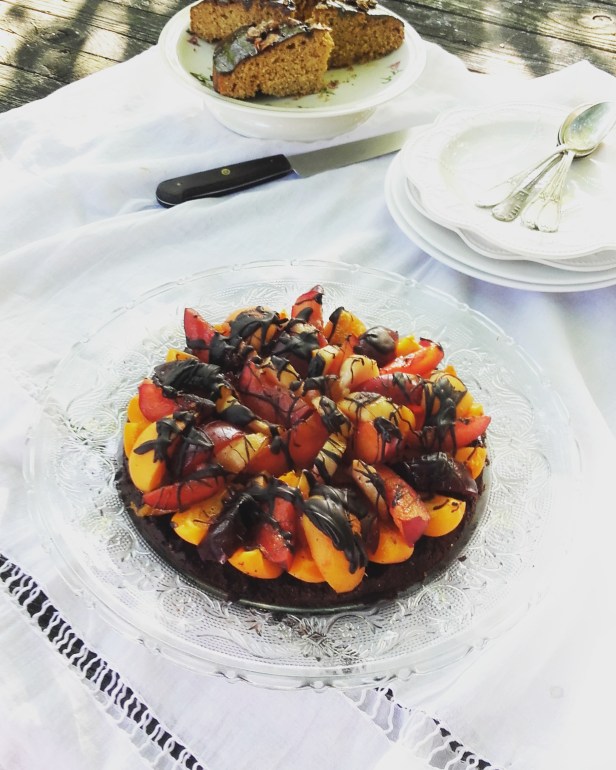 tarte crue au chocolat et fruits d'été (pêches, abricots, prunes rouges)